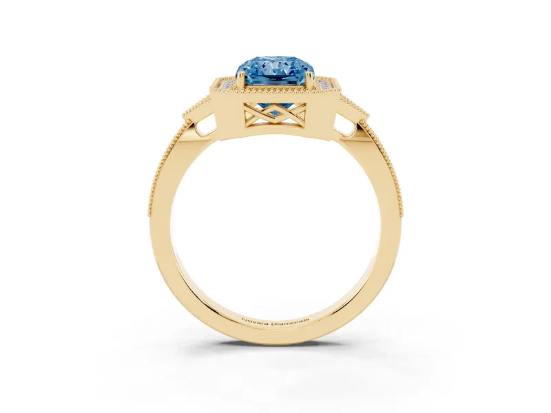 Radiant Cut Milgrain Halo Engagement Ring Setting for a Fancy Blue Lab-Grown Diamond | Graduated Pavé | Yellow Gold