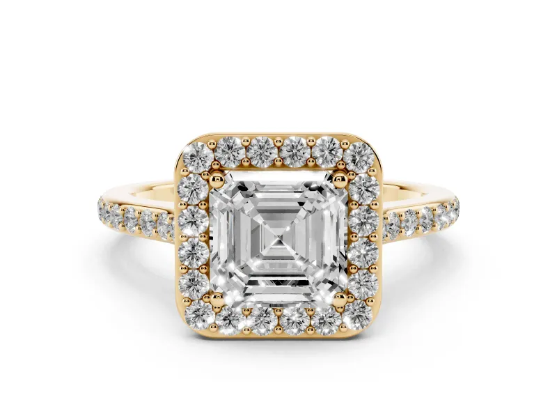 Asscher Cut Diamond Halo Engagement Ring Set in Yellow gold with Round Pavé Shoulders and Heart Gallery