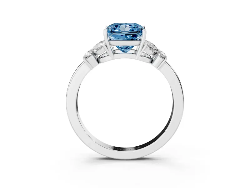 Fancy Blue Princess Cut Diamond Solitaire Floral Ring Set in White gold with Marquise Petals and Prong Setting