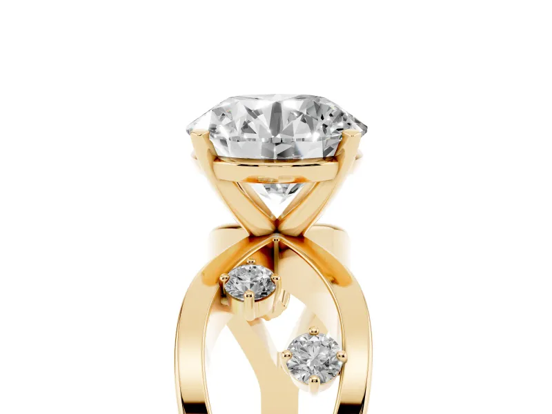 Round Cut Diamond Solitaire Ring Set in Yellow gold with Side Stones on Criss-Cross Band and Prong Setting