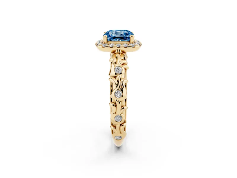 Cushion Cut Leaf Halo Engagement Ring Setting for a Fancy Blue Lab-Grown Diamond | Bezel Accents | Yellow Gold