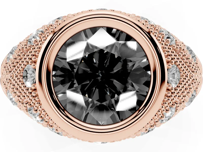 Fancy Black Round Cut Diamond Bezel Ring Set in Rose gold with Milgrain Accent Band