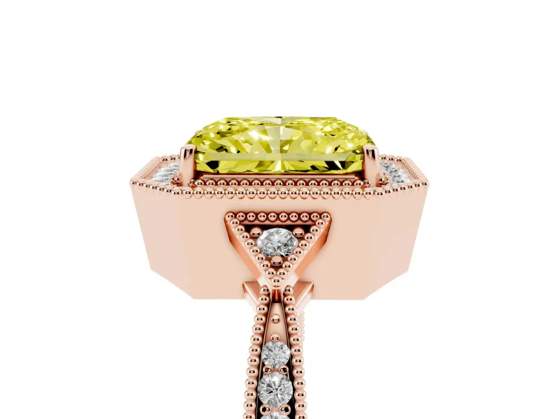 Radiant Cut Milgrain Halo Engagement Ring Setting for a Fancy Yellow Lab-Grown Diamond | Graduated Pavé | Rose Gold