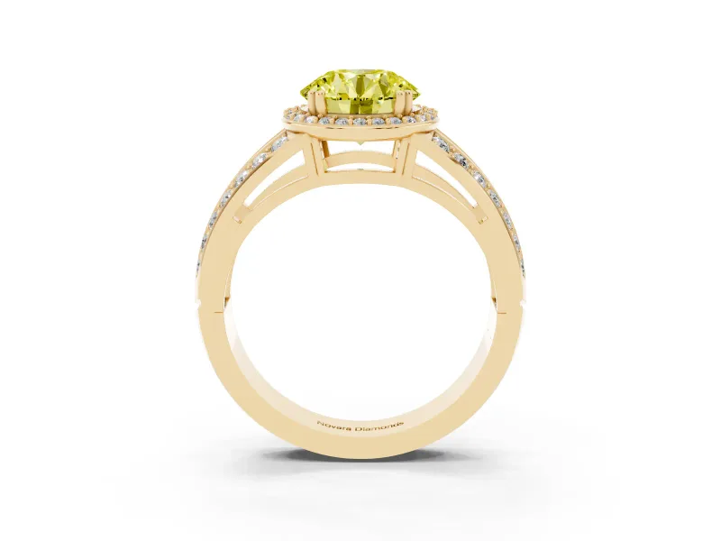 Round Halo Engagement Ring Setting for a Fancy Yellow Lab-Grown Diamond | Split Shank | Yellow Gold