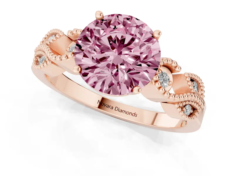 Fancy Pink Round Cut Diamond Milgrain Leaf Band Solitaire Ring Set in Rose gold with Accent Stones and Prong Setting