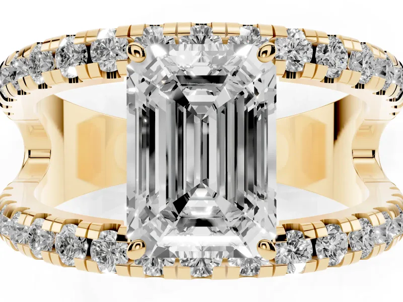 Emerald Cut Wide Open Split Shank Engagement Ring Setting | Pavé Strands | Yellow Gold