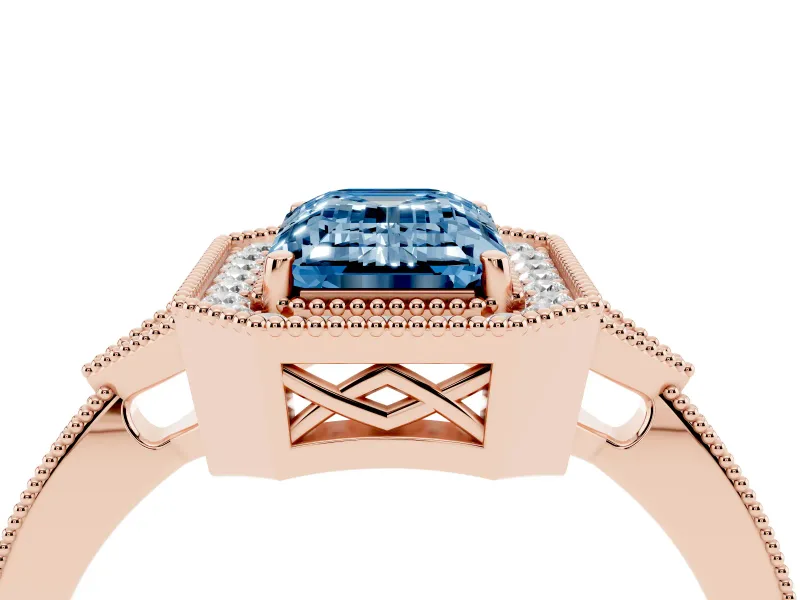 Fancy Blue Emerald Cut Diamond Halo Engagement Ring Set in Rose gold with Milgrain Pavé Band