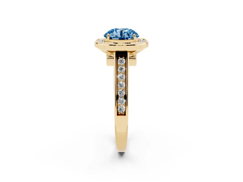 Fancy Blue Round Cut Diamond Halo Solitaire Ring Set in Yellow gold with Pavé Band and Bezel Setting