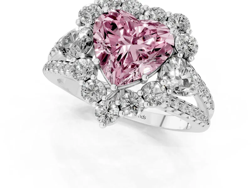 Fancy Pink Heart Cut Diamond Halo Split Shank Engagement Ring Set in Platinum with Prong-Held Center Stone