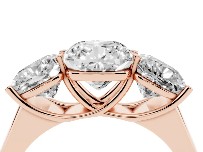 Cushion Cut Three Stone Engagement Ring Setting | Basket Prong Heads | Rose Gold