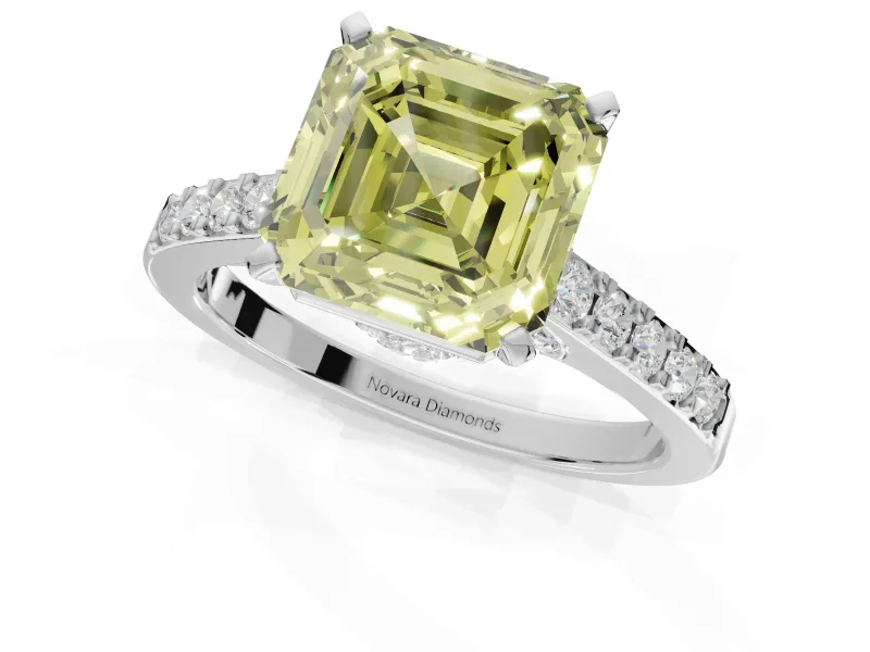 Asscher Cut Pavé Solitaire Engagement Ring Setting for a Fancy Yellow Lab-Grown Diamond | Crossover Gallery | White Gold