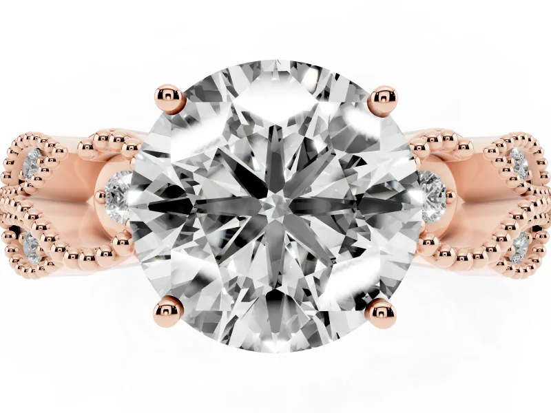Round Cut Diamond Milgrain Leaf Band Solitaire Ring Set in Rose gold with Accent Stones and Prong Setting