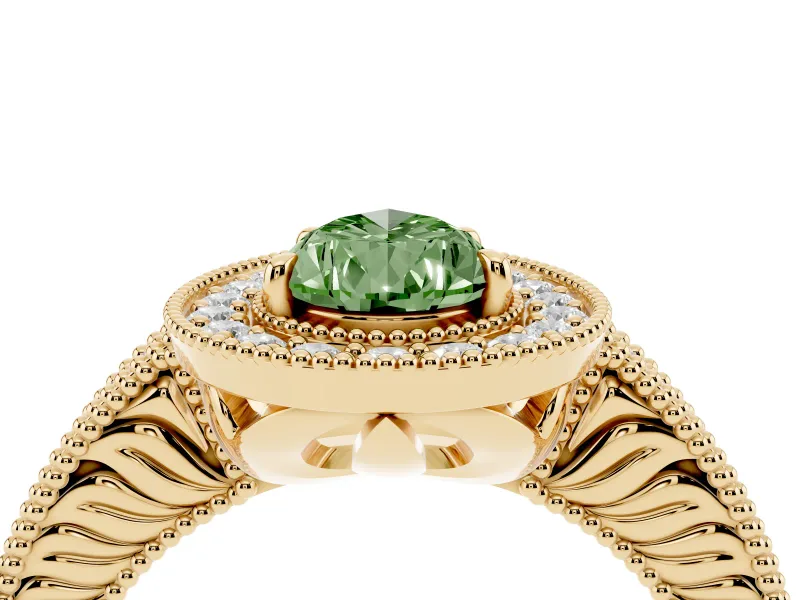 Fancy Green Pear Cut Diamond Halo Ring Set in Yellow gold with Round Accent Halo, Pavé Band and Prong Setting
