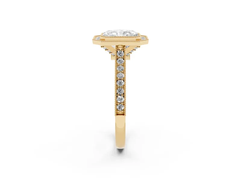 Radiant Cut Vintage Milgrain Halo Engagement Ring Setting | Bezel Head | Yellow Gold