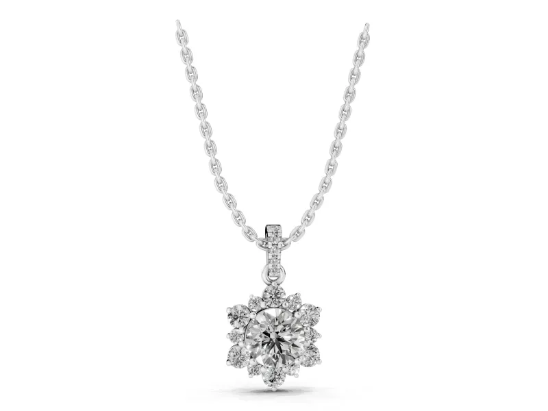 Round Lab-Grown Diamond Floral Cluster Pendant Necklace | Pavé Bail | White Gold