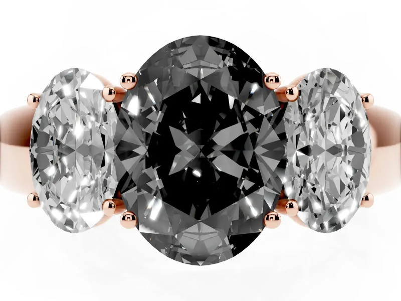 Fancy Black Three-Stone Oval Cut Diamond Ring Set in Rose gold with Matching Prong Settings and Plain Band