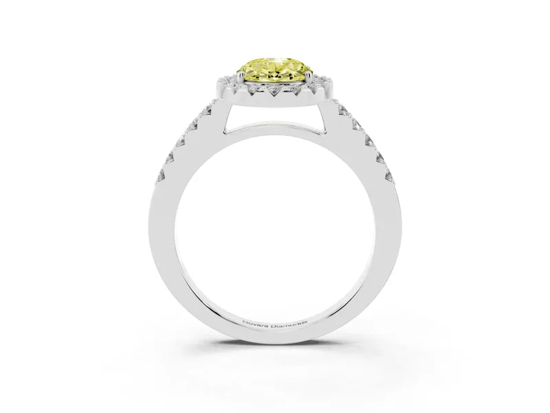Fancy Yellow Oval Cut Diamond Halo Pavé Solitaire Ring Set in Silver with Prong-Set Center Stone