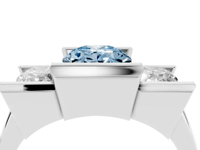 Fancy Blue Oval Cut Diamond Three-Stone Channel Set Ring Set in White gold with Smooth Polished Band
