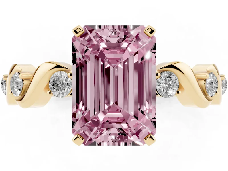 Emerald Cut Ribbon Twist Engagement Ring Setting for a Fancy Pink Lab-Grown Diamond | Accented Shoulders | Yellow Gold