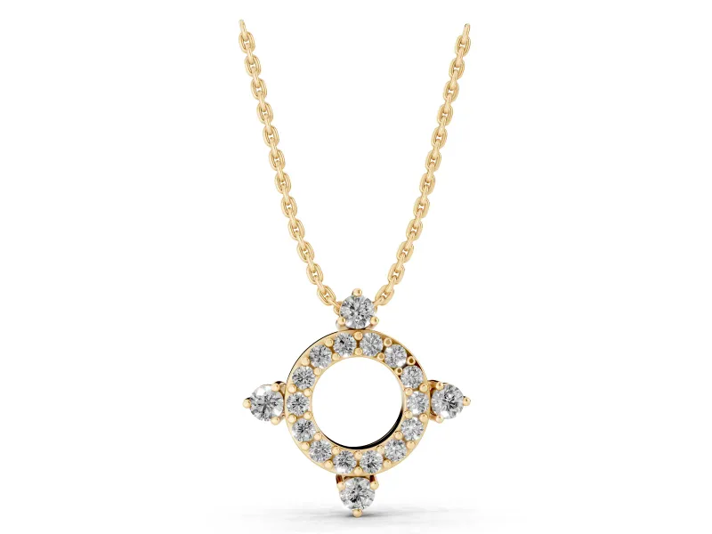Round Lab-Grown Diamond Pavé Open Circle Pendant Necklace | Compass Accents | Yellow Gold