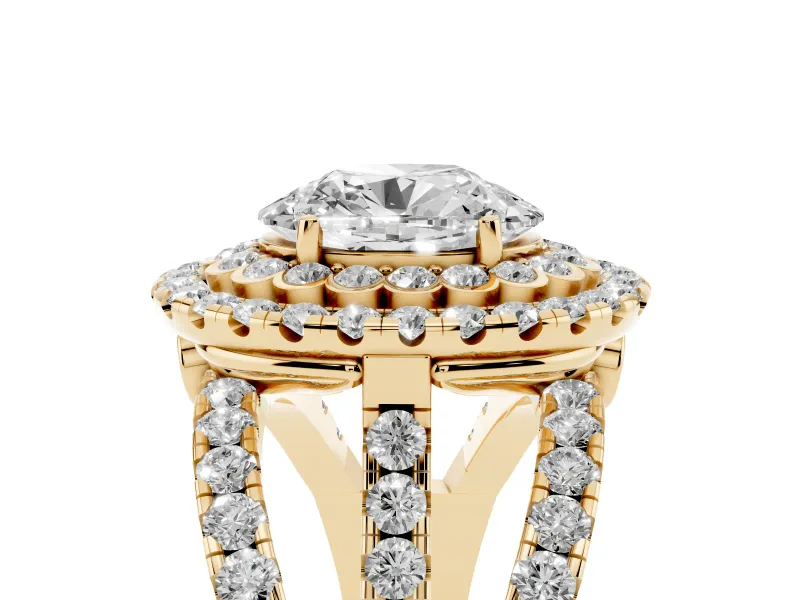 Oval Double Halo Split Shank Engagement Ring Setting | Pave Strands | Yellow Gold