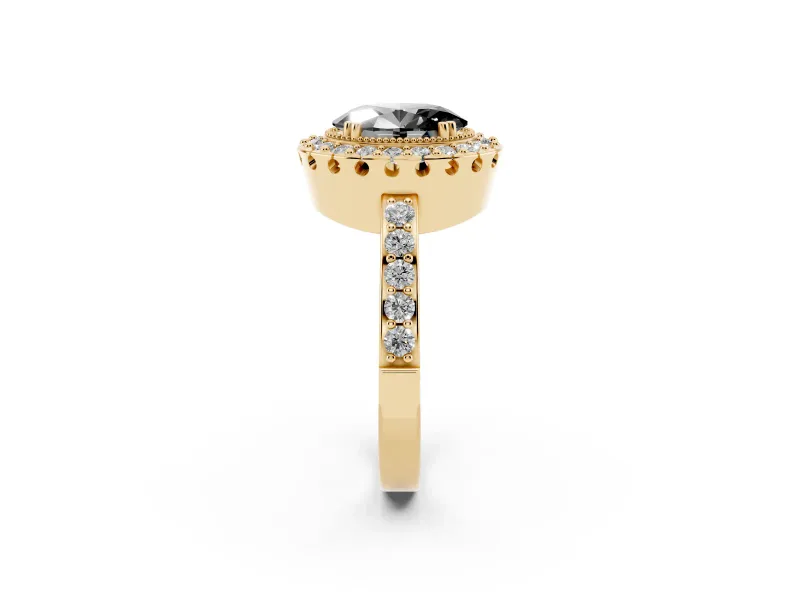 Fancy Black Oval Cut Diamond Halo Ring Set in Yellow gold with Pavé Shank and Prong Setting