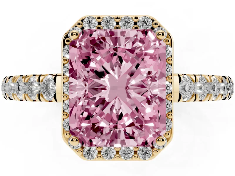 Fancy Pink Radiant Cut Diamond Halo Engagement Ring Set in Yellow gold with Pavé Band and Prong Setting