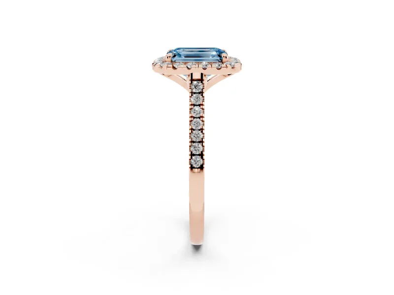 Emerald Cut Halo Engagement Ring Setting for a Fancy Blue Lab-Grown Diamond | Tapered Band | Rose Gold