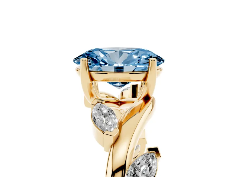 Fancy Blue Oval Cut Diamond Solitaire Ring Set in Yellow gold with Twisted Marquise Accent Band