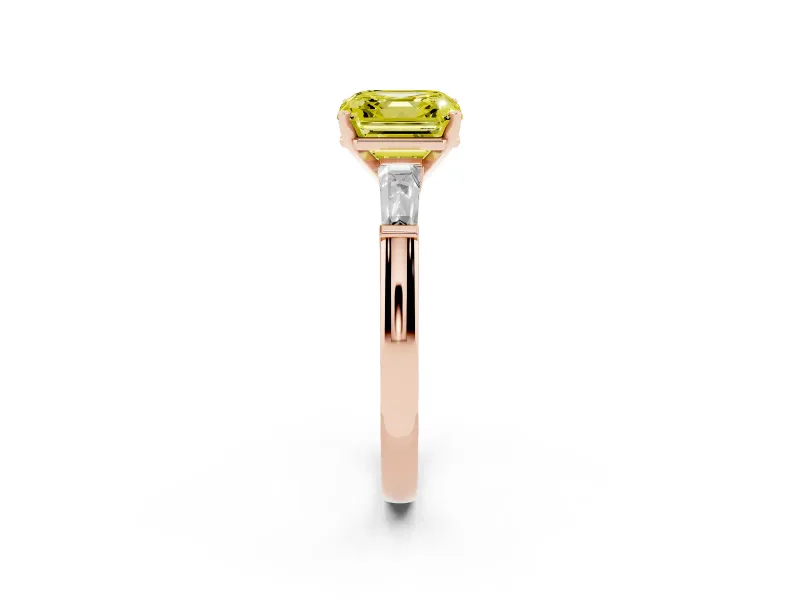 Asscher Cut Three Stone Engagement Ring Setting for a Fancy Yellow Lab-Grown Diamond | Tapered Baguettes | Rose Gold