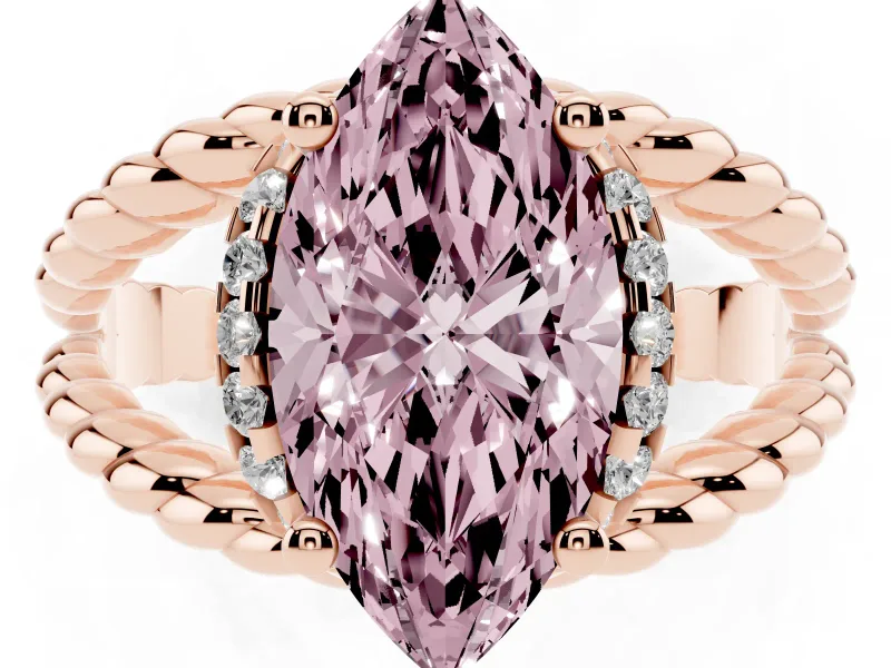 Fancy Pink Marquise Cut Diamond Halo Ring Set in Rose gold with Twisted Band and Prong Setting