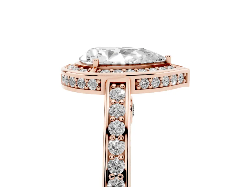 Pear Cut Diamond Halo Pavé Split Shank Ring Set in Rose gold with Prong Setting