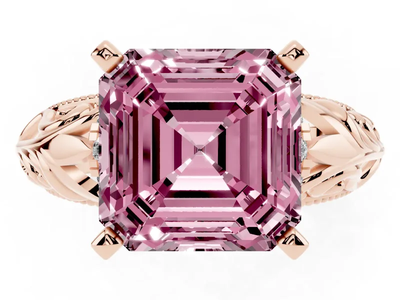 Fancy Pink Asscher Cut Diamond Filigree Halo Engagement Ring Set in Rose gold with Prong Setting