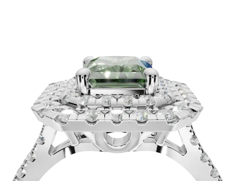 Fancy Green Radiant Cut Lab-Grown Diamond Double Halo Statement Ring Set in Sterling Silver with Pavé Band