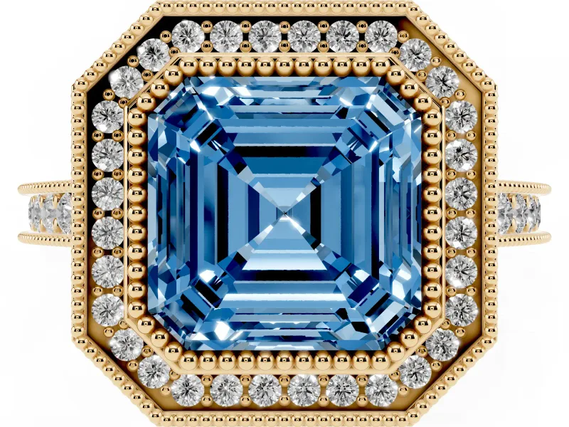 Asscher Cut Vintage Milgrain Halo Engagement Ring Setting for a Fancy Blue Lab-Grown Diamond | Bezel Head | Yellow Gold