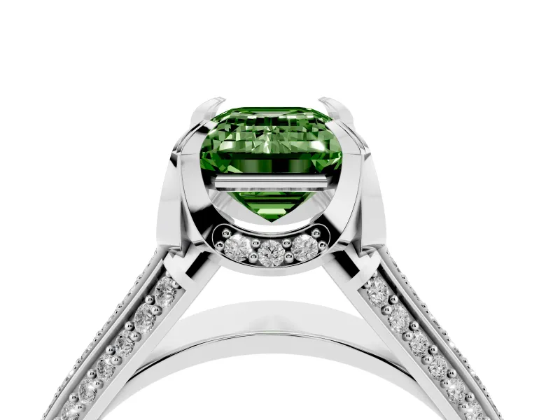 Fancy Green Emerald Cut Diamond Pavé Split Shank Solitaire Ring Set in White gold with Prong Setting