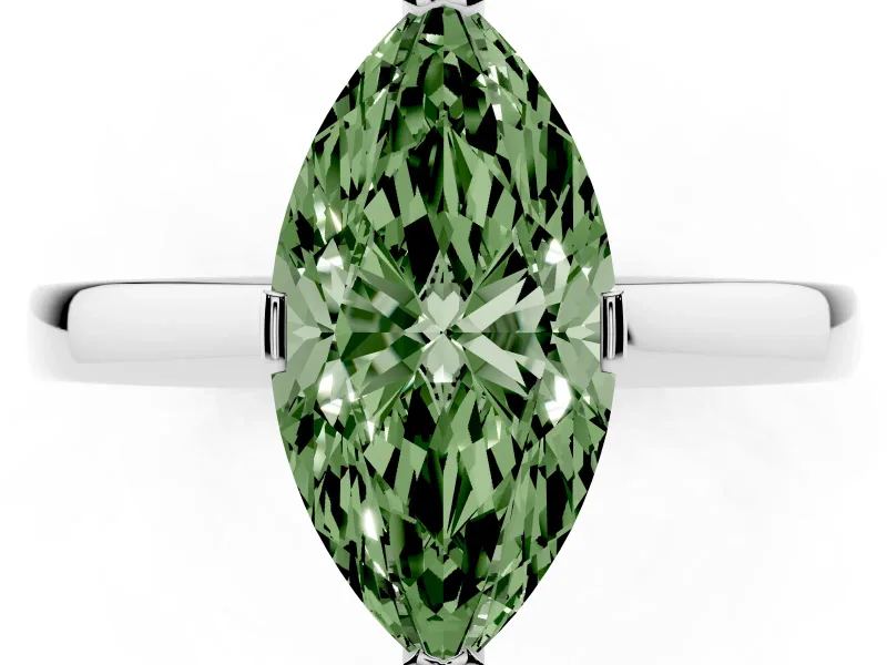 Fancy Green Marquise Cut Diamond Solitaire Ring Set in White gold with Prong Head and Smooth Polished Band