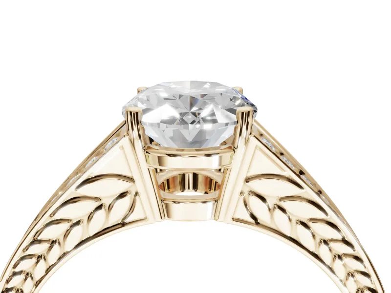 Oval Split Shank Pavé Engagement Ring Setting | Engraved Leaf Sides | Yellow Gold