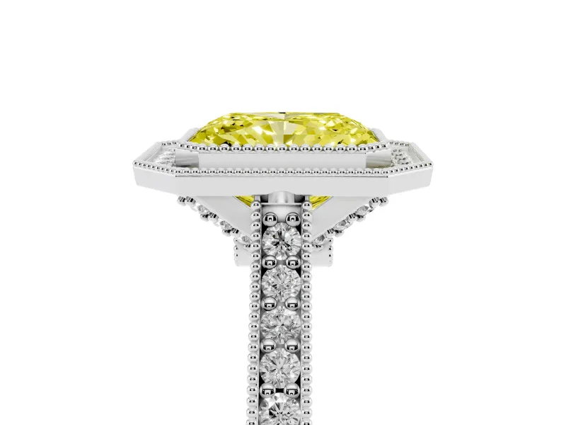 Radiant Cut Vintage Milgrain Halo Engagement Ring Setting for a Fancy Yellow Lab-Grown Diamond | Bezel Head | Platinum