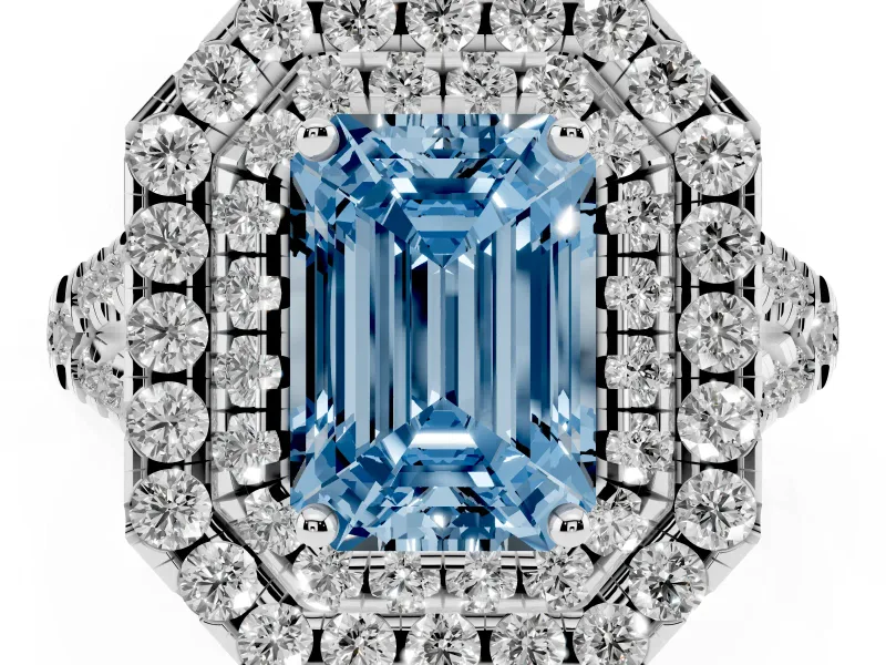 Emerald Cut Halo Split Shank Engagement Ring Setting for a Fancy Blue Lab-Grown Diamond | Pavé Strands | Platinum