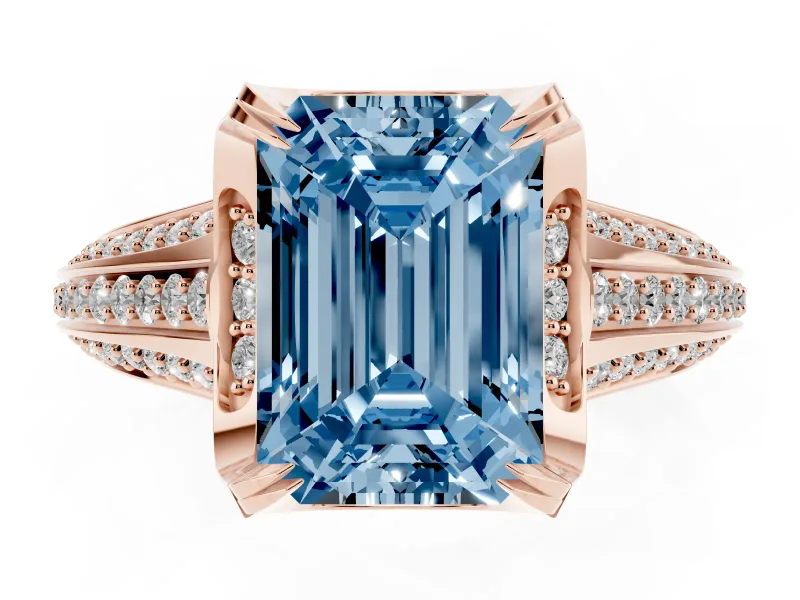 Fancy Blue Emerald Cut Diamond Pavé Split Shank Solitaire Ring Set in Rose gold with Prong Setting