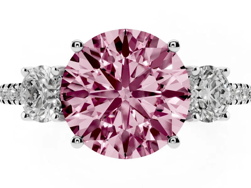 Round Three Stone Engagement Ring Setting for a Fancy Pink Lab-Grown Diamond | Pave Shoulders | White Gold