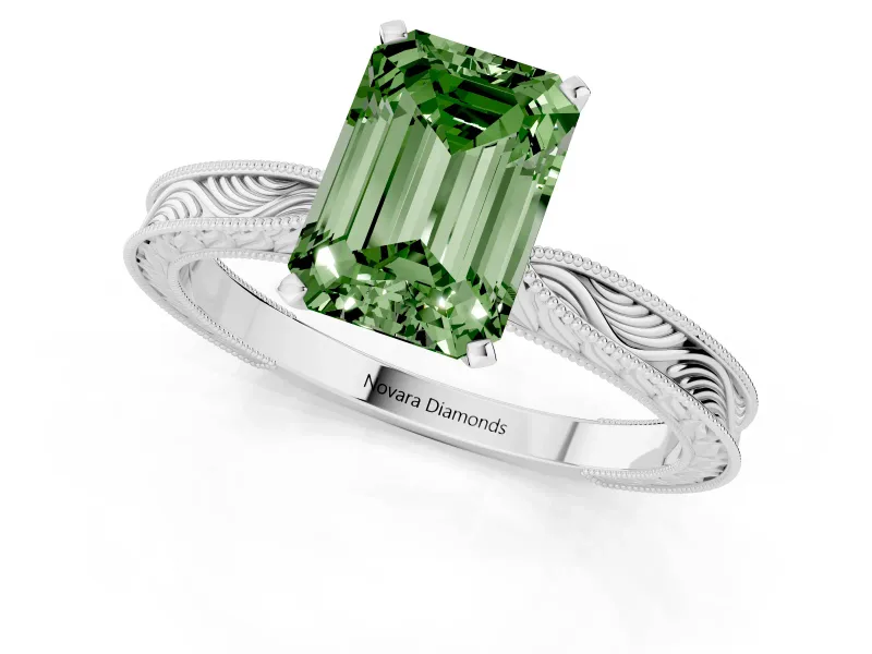 Fancy Green Emerald Cut Diamond Solitaire Milgrain Engraved Band Set in Silver with Prong Setting