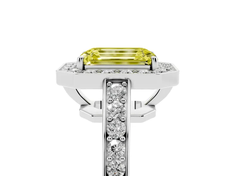 Fancy Yellow Emerald Cut Diamond Halo Pavé Engagement Ring Set in Platinum with Bezel Setting
