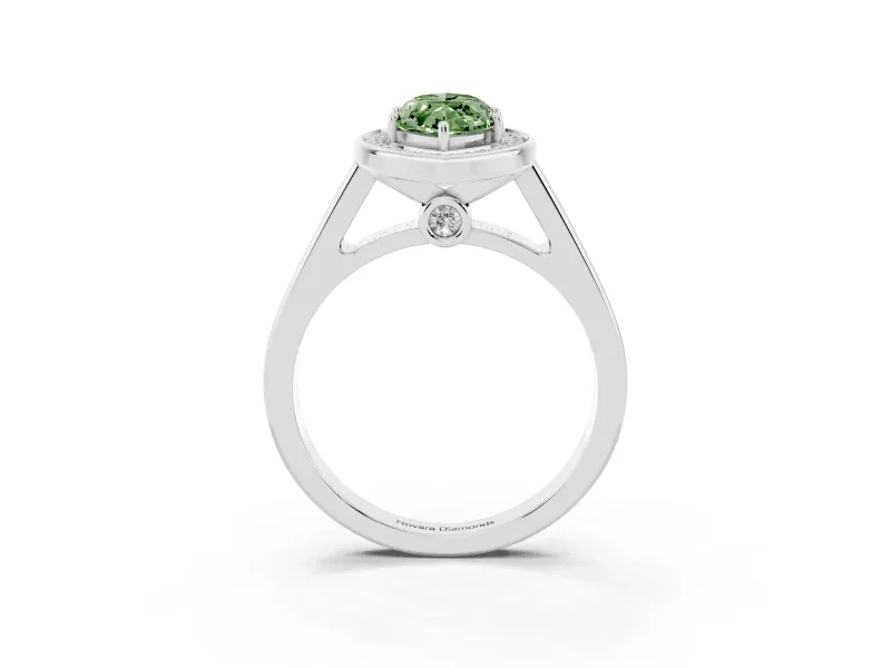 Fancy Green Marquise Cut Diamond Halo Solitaire Ring Set in White gold with Pavé Band and Bezel Setting