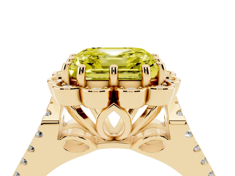 Asscher Cut Floral Halo Engagement Ring Setting for a Fancy Yellow Lab-Grown Diamond | Pavé Split Shank | Yellow Gold