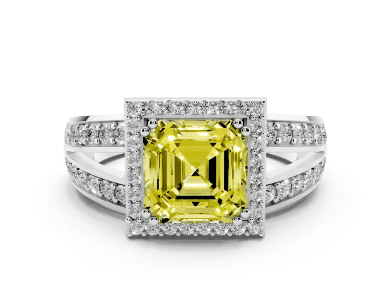 Fancy Yellow Asscher Cut Diamond Halo Ring Set in White gold with Double Pavé Split Shank