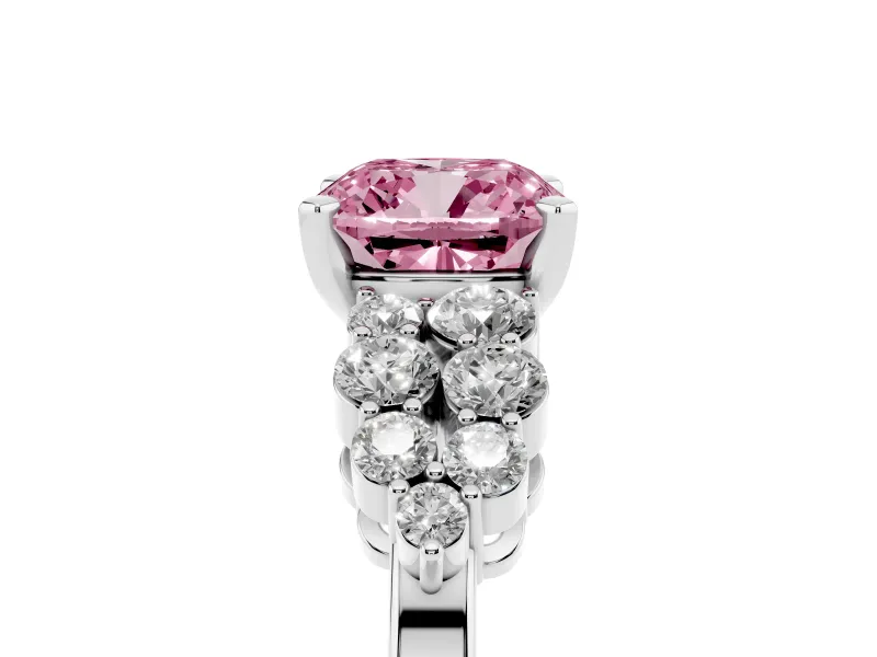 Fancy Pink Cushion Cut Diamond Cluster Engagement Ring Set in Platinum with Pavé Band and Prong Setting