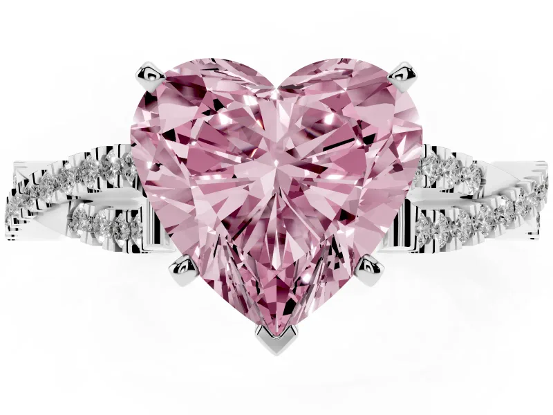 Fancy Pink Heart Cut Diamond Solitaire Engagement Ring Set in Platinum with Twisted Pavé Band and Prong Setting