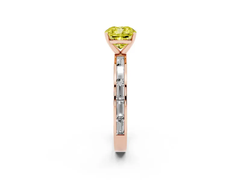 Fancy Yellow Cushion Cut Diamond Solitaire Ring Set in Rose gold with Channel-Set Baguette Band and Prong Setting